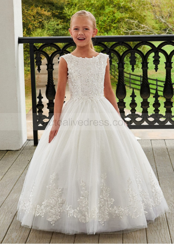 Beaded Ivory Lace Glitter Tulle Rustic Flower Girl Dress